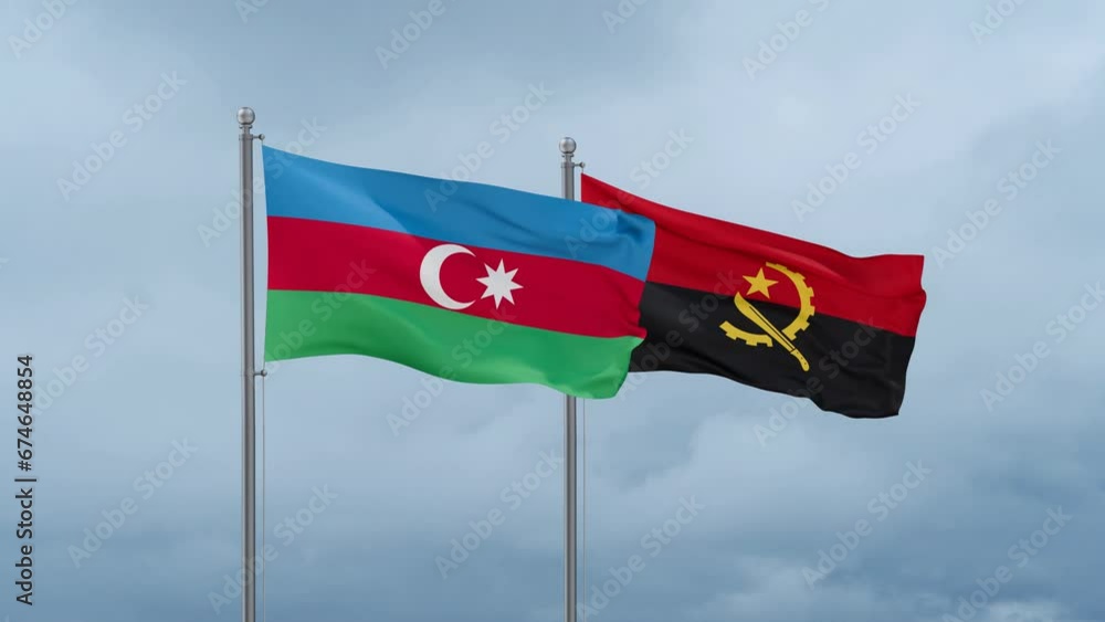 Azerbaijan flag and Angola flag waving together on cloudy sky, endless seamless loop Azerbaijan flag and Angola flag waving together on cloudy sky, endless seamless loop