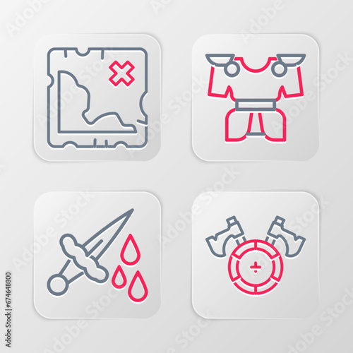 Set line Medieval shield with axe, Sword blood, Body armor and Pirate treasure map icon. Vector