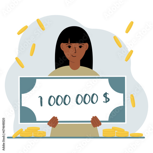 Jackpot, the concept of winning cash money. Happy smiling woman holding a certificate for one million dollars in his hands. Feeling excited, celebrating a win.