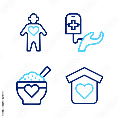 Set line Shelter for homeless, Donation food, Blood donation and Volunteer icon. Vector