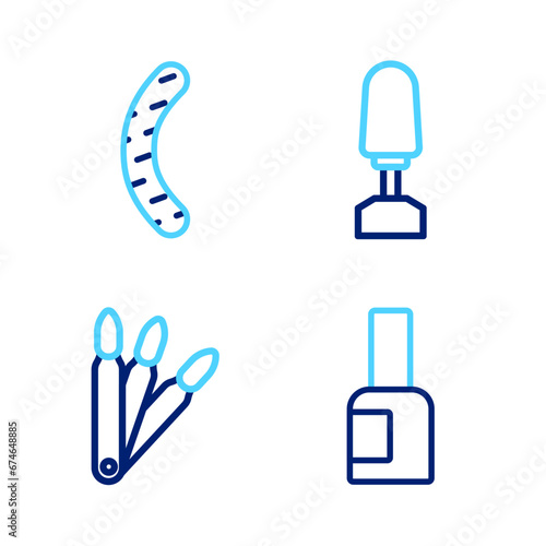 Set line Bottle of nail polish, False nails, Milling cutter for manicure and Nail file icon. Vector