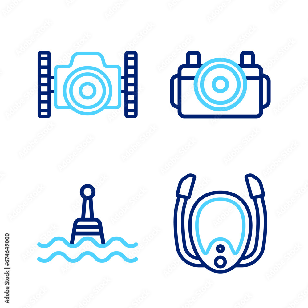 Set line Diving mask with snorkel, Floating buoy, Photo camera for diver and icon. Vector Set line Diving mask with snorkel, Floating buoy, Photo camera for diver and icon. Vector