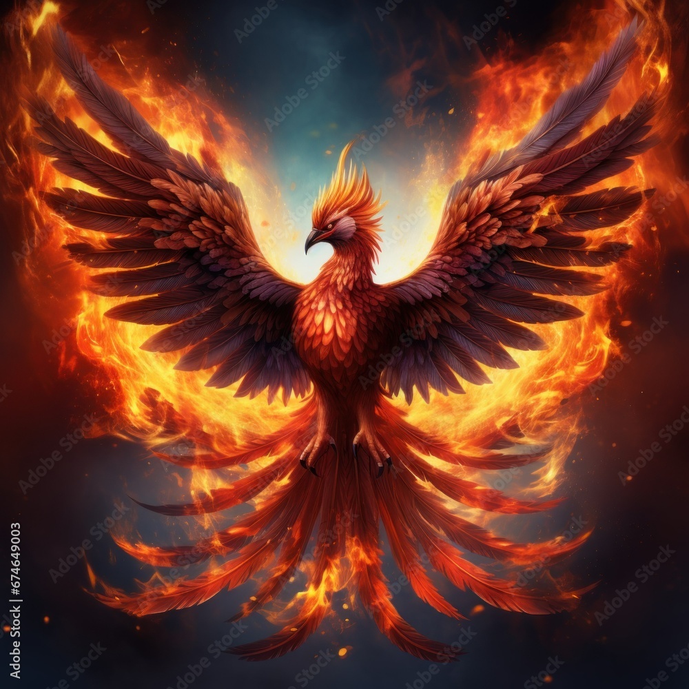 Obraz premium flying red burning bird phoenix with wire wings rebirth