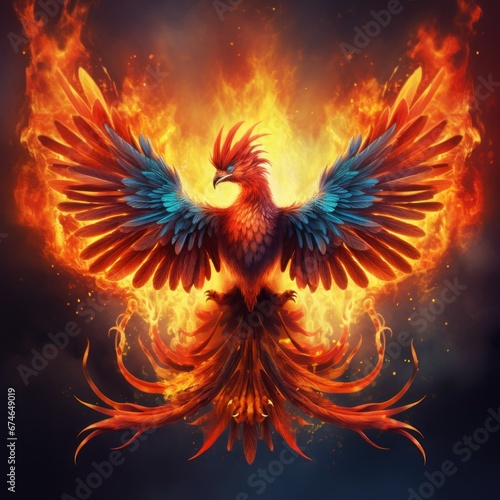 flying red burning bird phoenix with wire wings rebirth © Asman