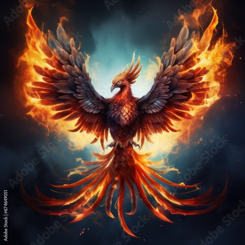 flying red burning bird phoenix with wire wings rebirth