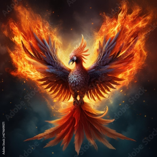 flying red burning bird phoenix with wire wings rebirth