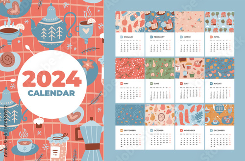 2024 calendar template set with 12 months pages and cover. Pieces of papers with colorful cozy seasons elements patterns in flat style. Week starts on Monday. Vector hand drawn illustration.