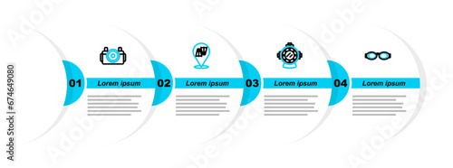 Set line Glasses for swimming, Aqualung, Flippers and Photo camera diver icon. Vector