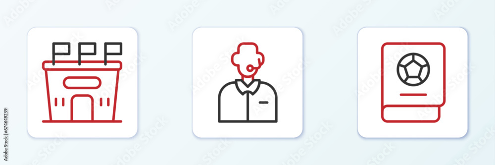 Set line Football learning book, stadium and or soccer commentator icon. Vector Set line Football learning book, stadium and or soccer commentator icon. Vector