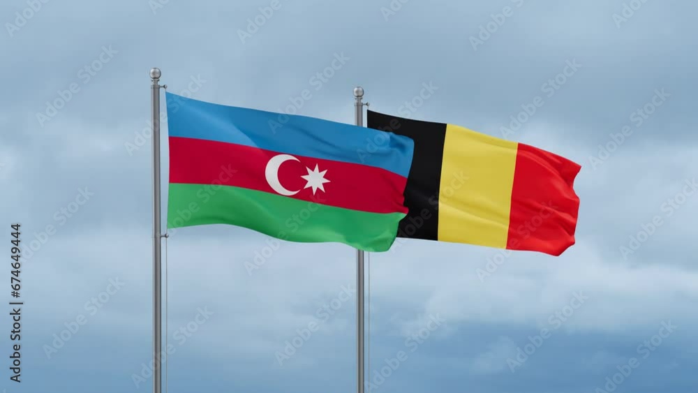Belgium flag and Azerbaijan flag waving together on cloudy sky, endless seamless loop, two country relations concept Belgium flag and Azerbaijan flag waving together on cloudy sky, endless seamless loop, two country relations concept