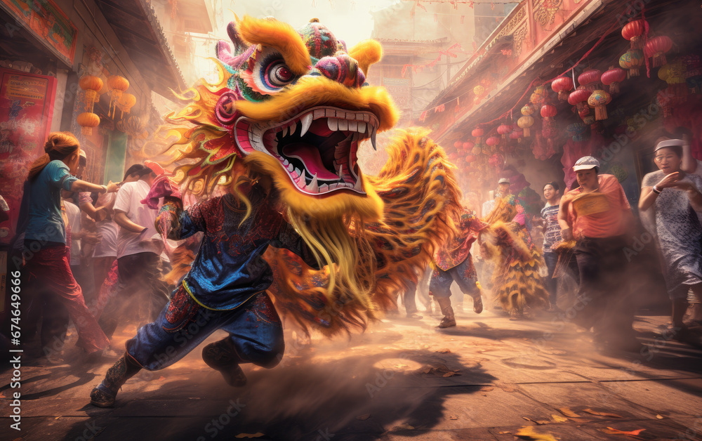 a group of chinese lion dancers walking in an alleyway