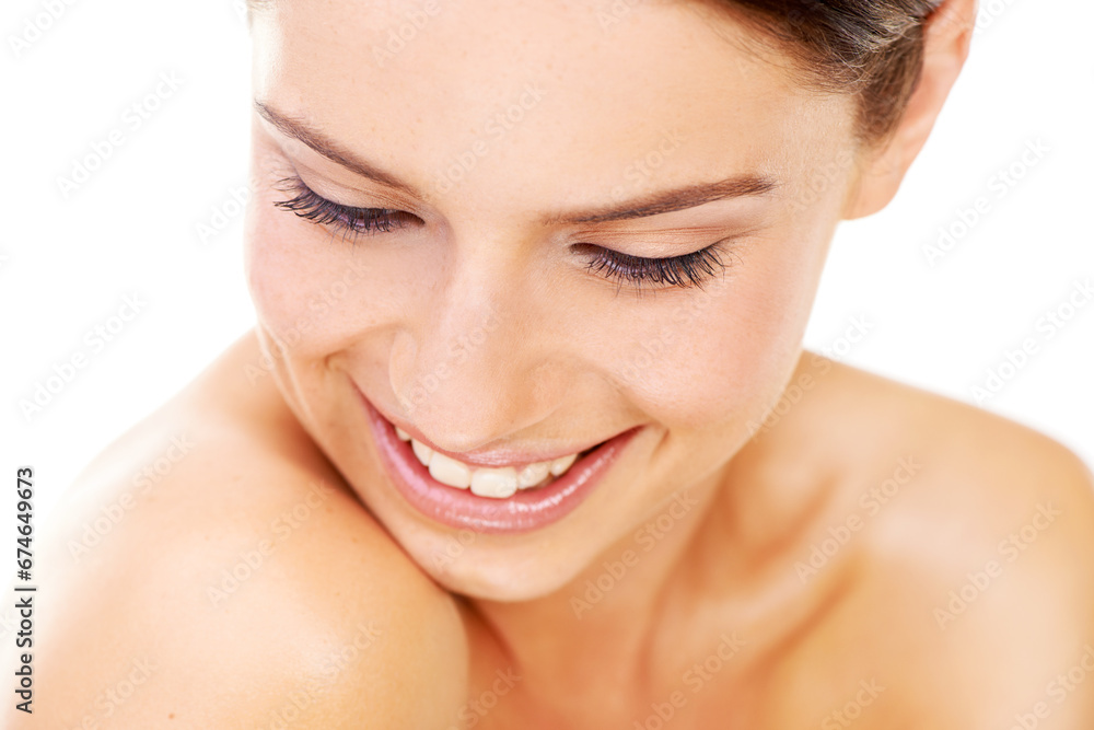 Skincare, woman and happy in studio with beauty, cosmetic and facial wellness for shine on white background. Person, face and smile for glow treatment, healthy aesthetic or dermatology and wellbeing Skincare, woman and happy in studio with beauty, cosmetic and facial wellness for shine on white background. Person, face and smile for glow treatment, healthy aesthetic or dermatology and wellbeing