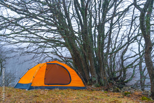 orange touristic tent stay on forest glade, autumn travel scene