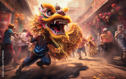 a group of chinese lion dancers walking in an alleyway