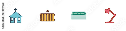 Set Church building, Heating radiator, Stacks paper money cash and Table lamp icon. Vector