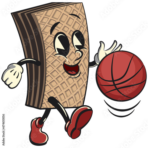 vintage chocolate wafer character mascot with funny face playing basketball with dribbling ball, isolated cartoon vector illustration. emoticon, cute vintage wafer mascot