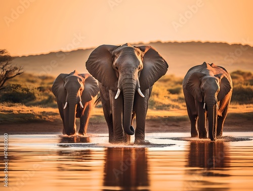 Elephants at sunset in Chobe National Park, Botswana, Africa photo