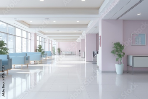 Spacious office space: long light and airy minimalistic hallway with pastel pink and mint green details, hospital waiting room or reception ambiance
