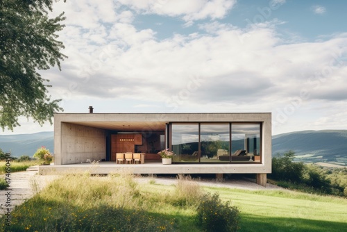 modern architecture design: a model of a contemporary creative single-family house with tall windows and concrete optic in the countryside