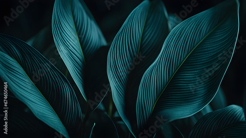Close-up detail macro texture bright blue green leave tropical forest plant spathiphyllum cannifolium in dark nature background.Curve leaf floral botanical abstract desktop wallpaper,website backdrop. © AI By Ibraheem