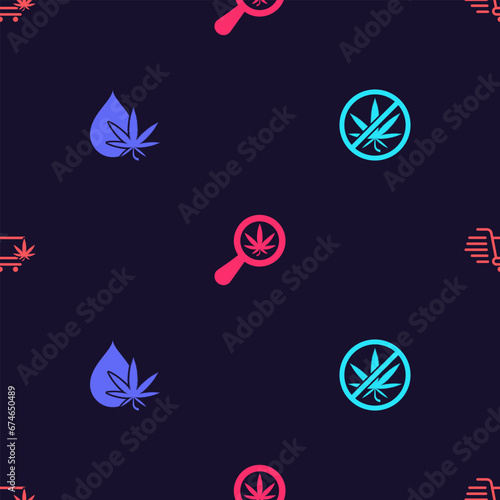 Set Stop marijuana, Marijuana or cannabis leaf oil, Magnifying glass and and Shopping cart with on seamless pattern. Vector