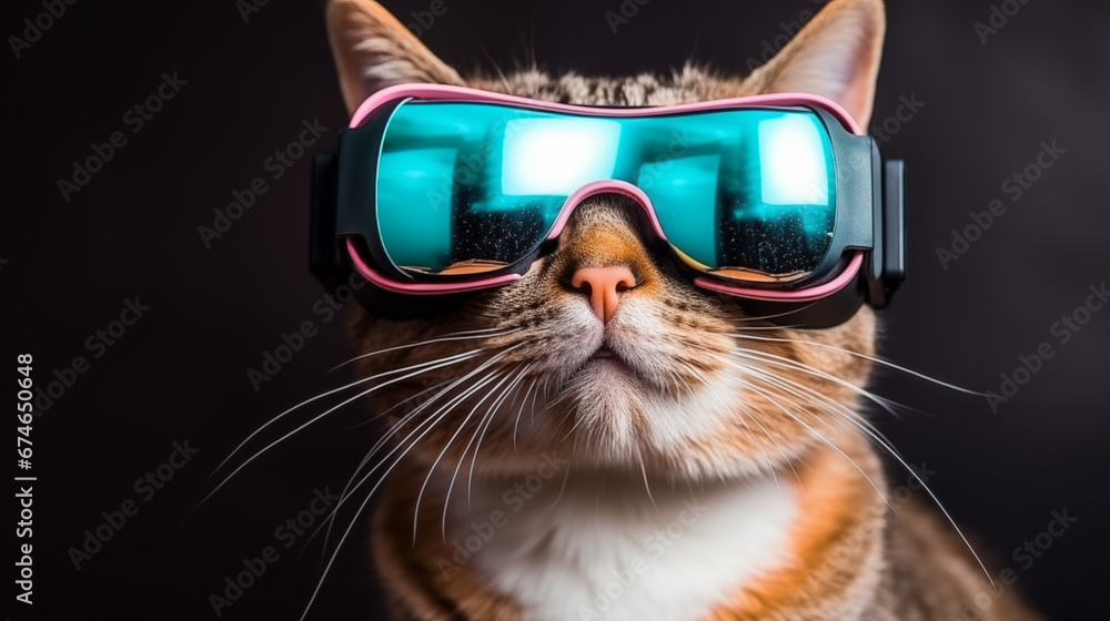 Headshot portrait photo of adorable cat wearing VR goggles watching movie. Animal character technology concept.