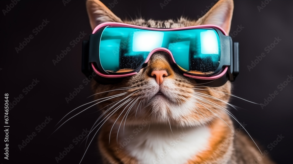 Headshot portrait photo of adorable cat wearing VR goggles watching movie. Animal character technology concept. Headshot portrait photo of adorable cat wearing VR goggles watching movie. Animal character technology concept.