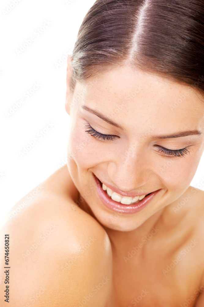 Skincare, woman and smile in studio with beauty, cosmetic and facial wellness for shine on white background. Person, face and happiness for glow treatment, healthy aesthetic or dermatology on mock up Skincare, woman and smile in studio with beauty, cosmetic and facial wellness for shine on white background. Person, face and happiness for glow treatment, healthy aesthetic or dermatology on mock up