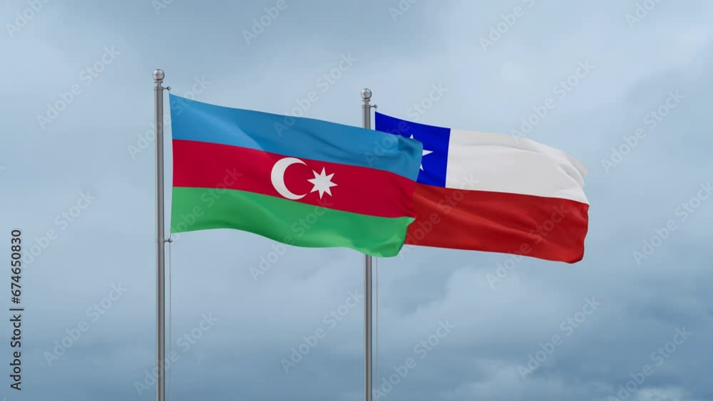 Chile flag and Azerbaijan flag waving together on cloudy sky, endless seamless loop, two country relations concept Chile flag and Azerbaijan flag waving together on cloudy sky, endless seamless loop, two country relations concept