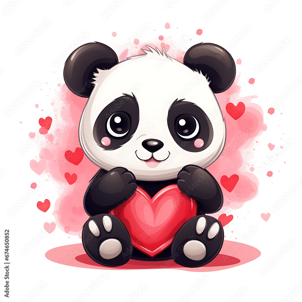 Obraz premium Colorful cute kawaii panda in modern style. Valentine panda with hearts
