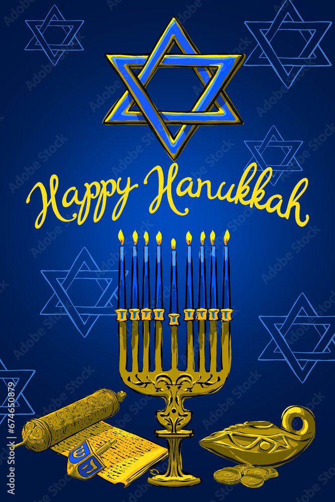 Dark-blue verical Hanukkah Greeting card - obrazy, fototapety, plakaty 