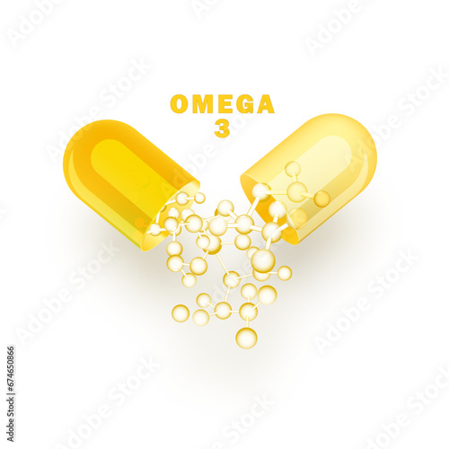 Fish oil ads template, omega-3 softgel isolated on chrome yellow background. 3D illustration.