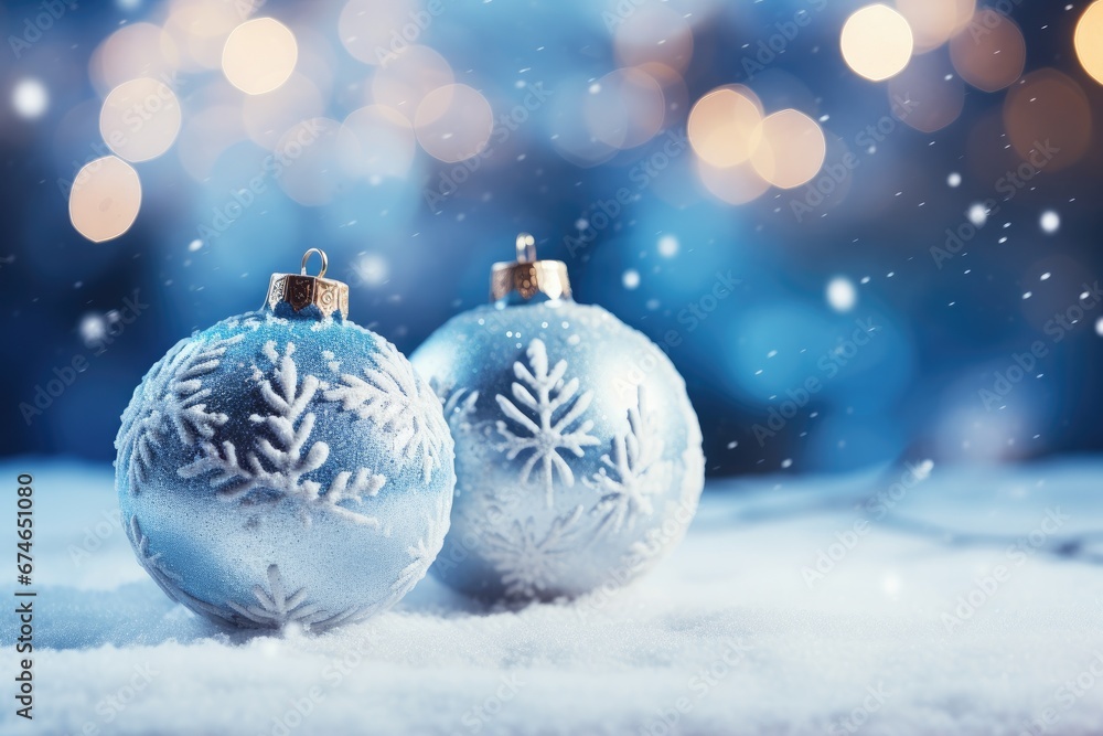 Blue Christmas balls on a snowy background, with bokeh. Generative AI Blue Christmas balls on a snowy background, with bokeh. Generative AI