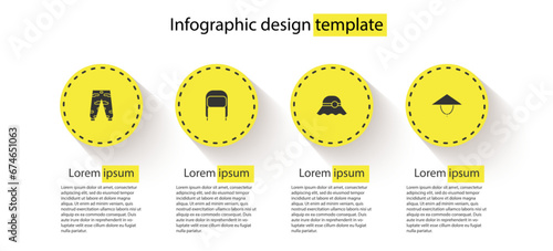 Set Camouflage cargo pants, Winter hat with ear flaps, Elegant women and Asian conical. Business infographic template. Vector