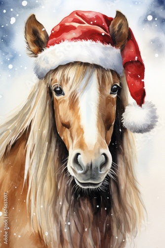 Horse domestic animal in christmas santa claus hat watercolor art. Christmas Horse illustration for children book. Vertical format for banners, posters, gift cards. AI generated.