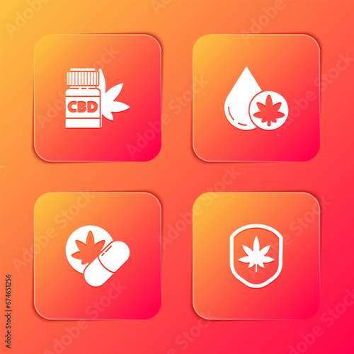 Set Medical bottle with marijuana, Marijuana or cannabis olive oil, Herbal ecstasy tablets and Shield and leaf icon. Vector