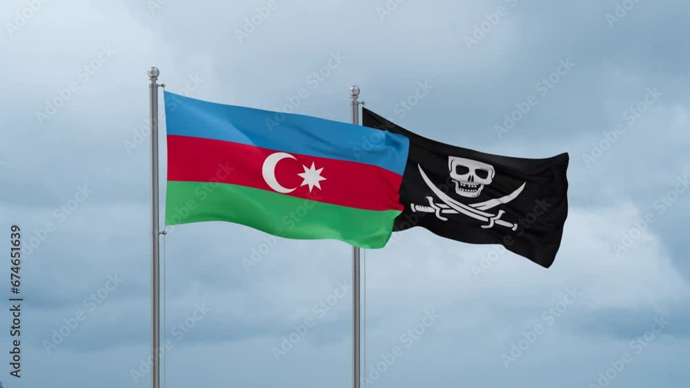 Azerbaijan flag and Corsair flag waving together on cloudy sky, endless seamless loop Azerbaijan flag and Corsair flag waving together on cloudy sky, endless seamless loop