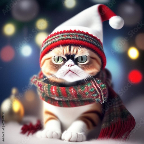 Comical portrait of a cat wearing a Christmas hat and scarf. Generative AI