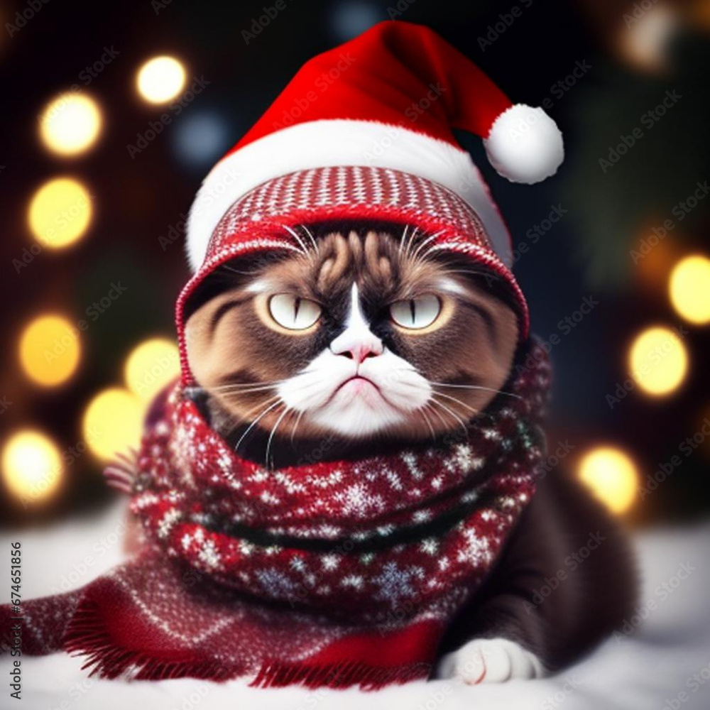 Comical portrait of a cat wearing a Christmas hat and scarf. Generative AI Comical portrait of a cat wearing a Christmas hat and scarf. Generative AI