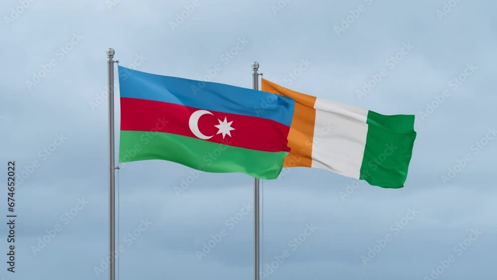 Ivory Coast or Cote d'Ivoire and Azerbaijan flag waving together on cloudy sky, endless seamless loop, two country cooperation concept Ivory Coast or Cote d'Ivoire and Azerbaijan flag waving together on cloudy sky, endless seamless loop, two country cooperation concept