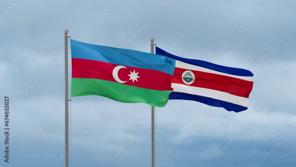 Costa Rico and Azerbaijan flag waving together on cloudy sky, endless seamless loop, two country cooperation concept Costa Rico and Azerbaijan flag waving together on cloudy sky, endless seamless loop, two country cooperation concept