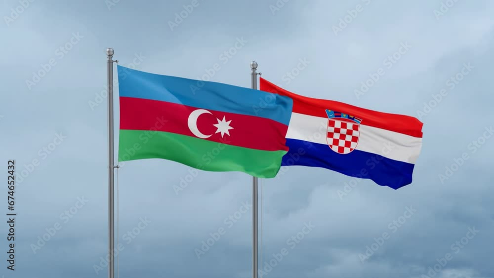 Croatia and Azerbaijan flag waving together on cloudy sky, endless seamless loop, two country cooperation concept Croatia and Azerbaijan flag waving together on cloudy sky, endless seamless loop, two country cooperation concept