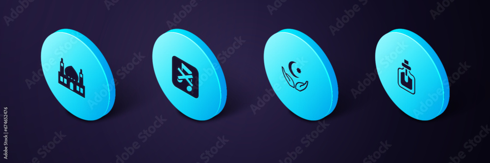 Set Isometric Perfume, Star and crescent, Speaker mute and Muslim Mosque icon. Vector Set Isometric Perfume, Star and crescent, Speaker mute and Muslim Mosque icon. Vector