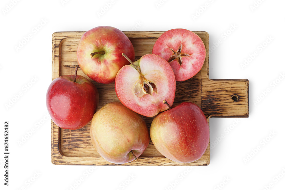 Wooden board with sweet pink apples on white background Wooden board with sweet pink apples on white background