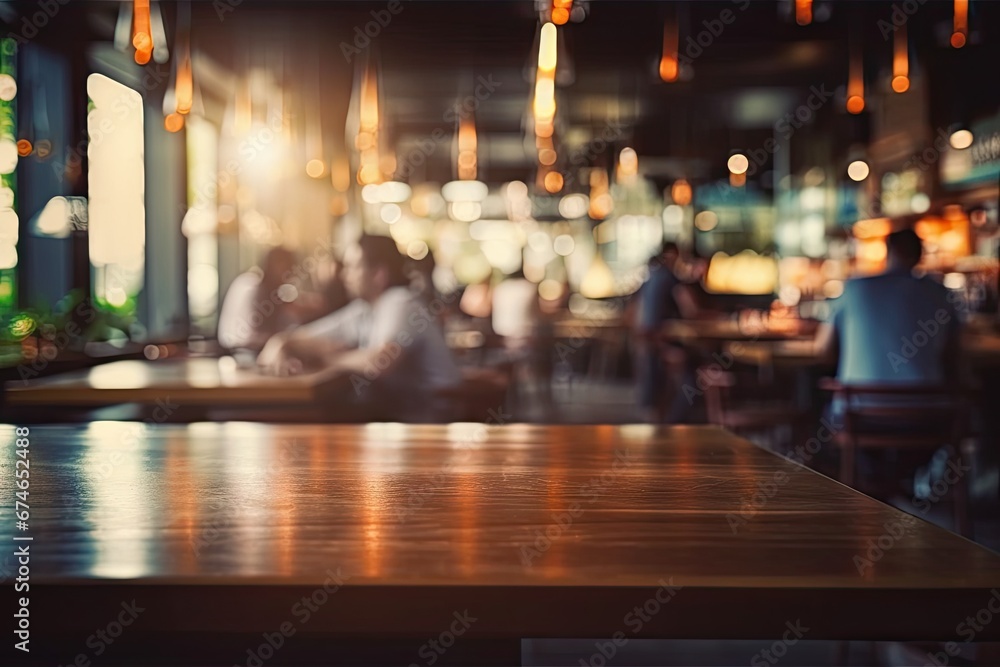 Blurred background. Retro cafe bar in modern decor. Bokeh ambiance. Abstract urban dining lifestyle at night. Vintage wooden counter. Bar design Blurred background. Retro cafe bar in modern decor. Bokeh ambiance. Abstract urban dining lifestyle at night. Vintage wooden counter. Bar design