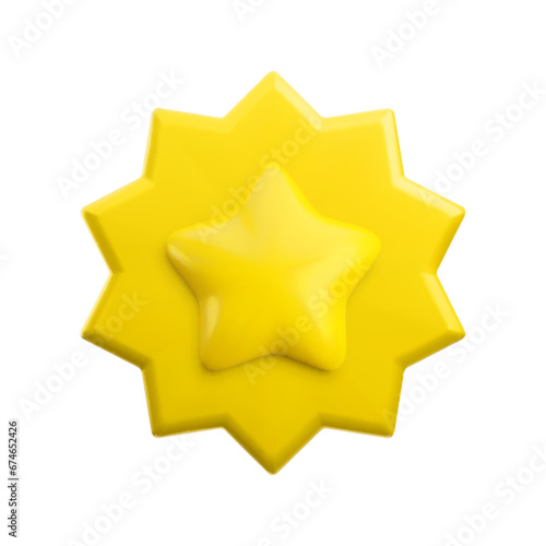 Vector cartoon 3d badge with star realistic icon. Trendy gold round starburst shape award, abstract winner badge sign. 3d render plastic quality warranty certificate badge illustration