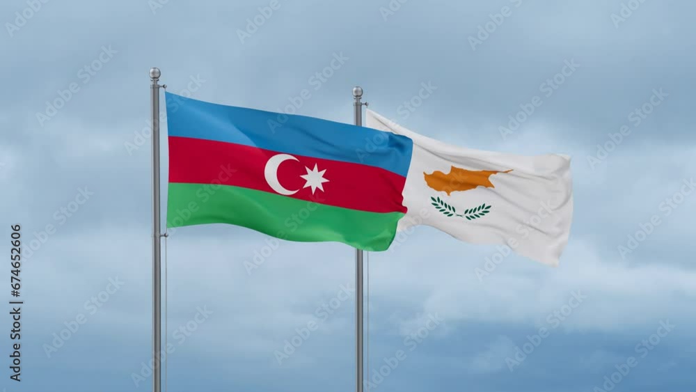 Cyprus flag and Azerbaijan flag waving together on cloudy sky, endless seamless loop, two country relations concept Cyprus flag and Azerbaijan flag waving together on cloudy sky, endless seamless loop, two country relations concept