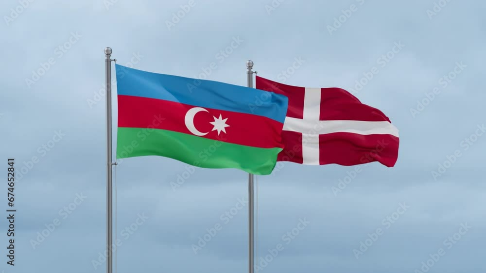 Denmark flag and Azerbaijan flag waving together on cloudy sky, endless seamless loop, two country relations concept Denmark flag and Azerbaijan flag waving together on cloudy sky, endless seamless loop, two country relations concept