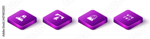 Set Isometric Sheriff cowboy, Liberty bell in Philadelphia, Benjamin Franklin and Carnival garland with flags icon. Vector
