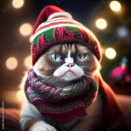 Comical portrait of a cat wearing a Christmas hat and scarf. Generative AI